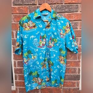 Teal Hawaiian Shirt with Surfing Santa M